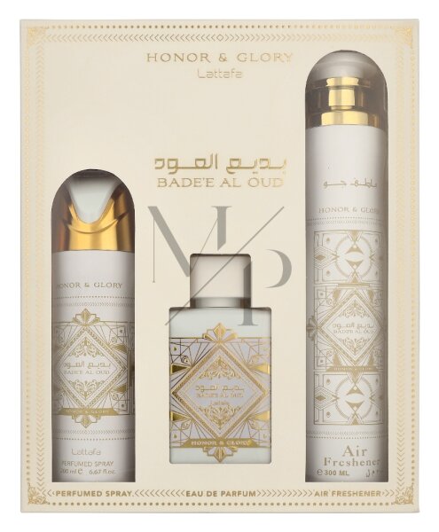 Lattafa Badee Al Oud Honor & Glory Geschenkset Eau de Parfum 100ml/Deo Spray 200ml/Air Freshener 300ml