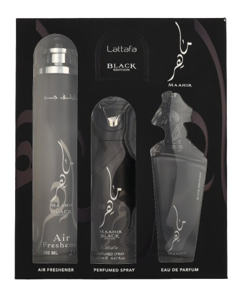Lattafa Maahir Black Edition Geschenkset Eau de Parfum 100ml/Deo Spray 200ml/Air Freshener 300ml